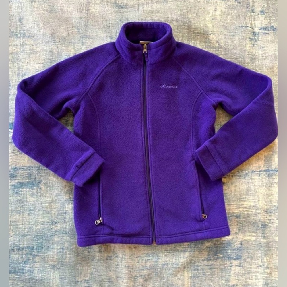 Columbia Jacket Girls Medium 10/12 Purple High Neck Full Zip Pockets Fleece Logo